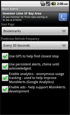 Muni Alerts Routes page with ads at the
top